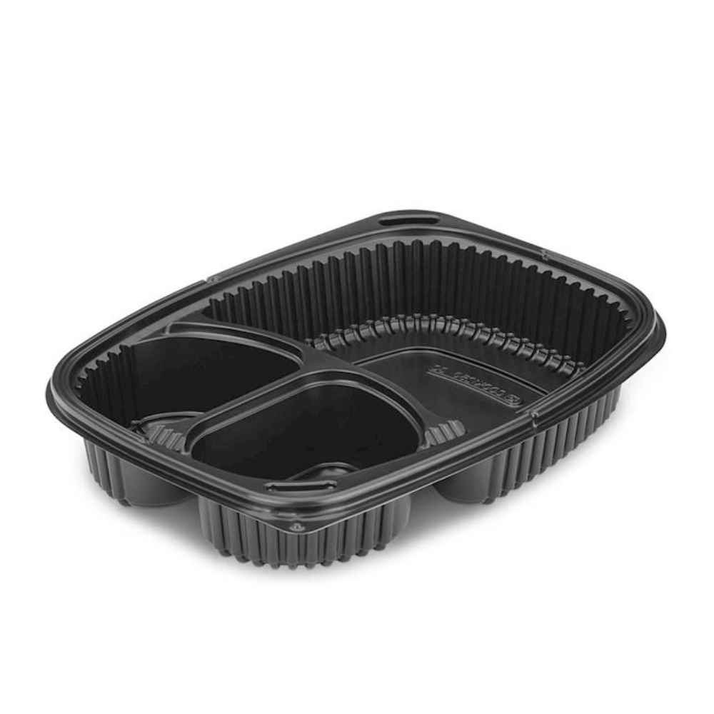 Envases negros de PP desechables y reciclables con tapa antiniebla