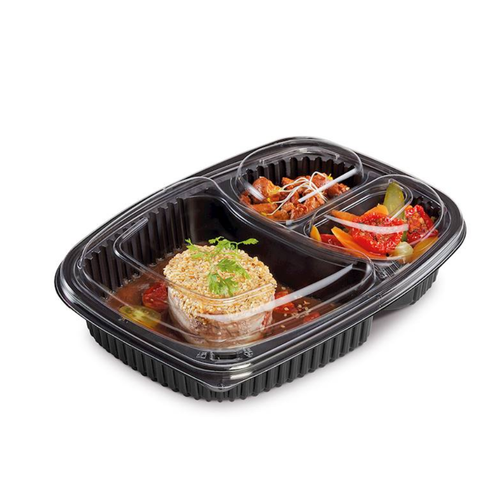 Envases negros de PP desechables y reciclables con tapa antiniebla